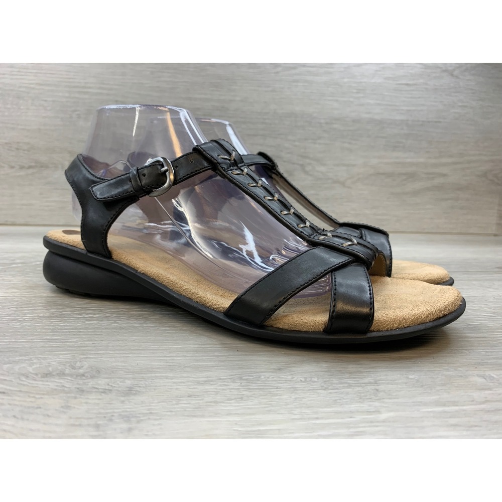 Naturalizer Women's Black Leather T-Strap Gladiator Sandals Whipstitch Size 10